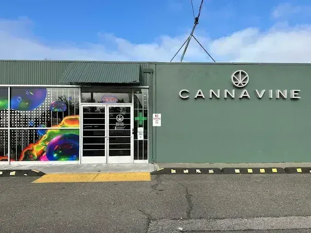 Cannavine storefront entrance with yellow curb and green exterior in Santa Rosa